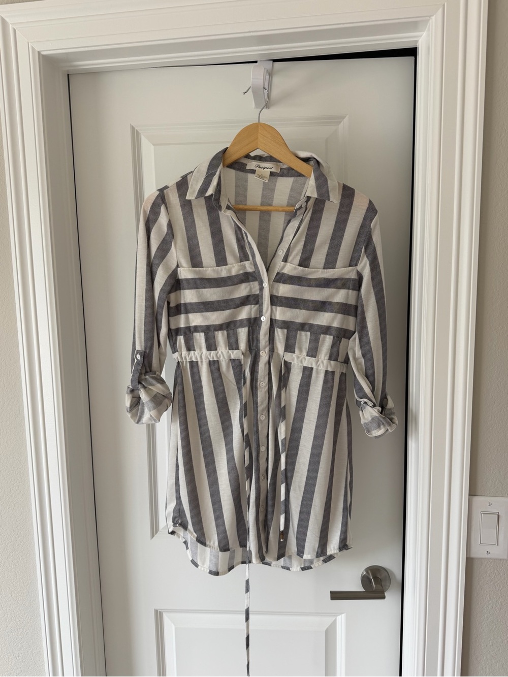 Passport Gray and White Vertical Stripe Button-Down Tunic